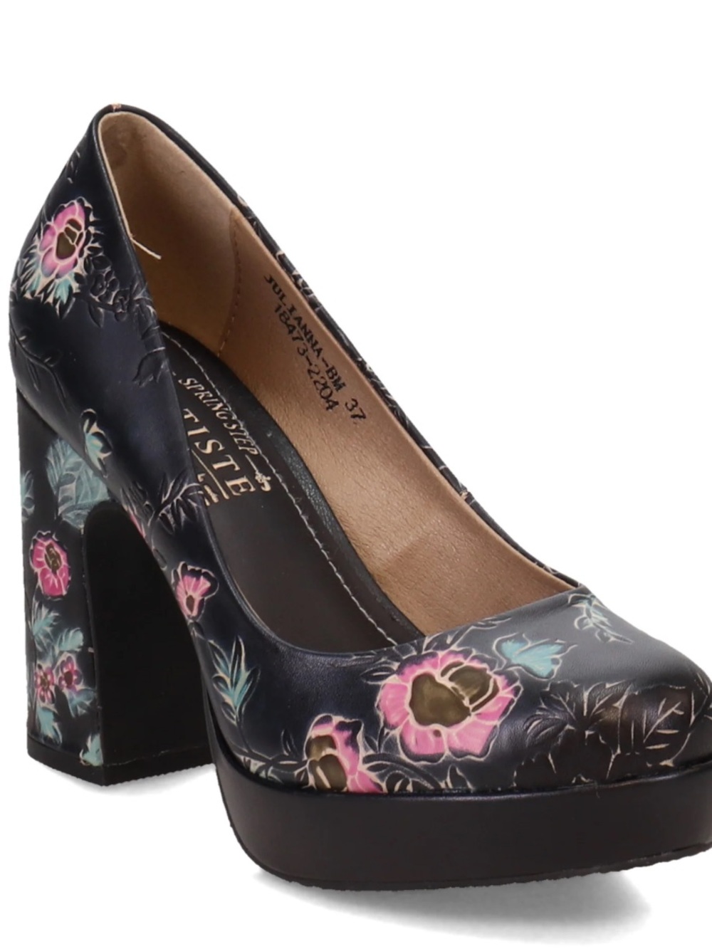 L’Artiste Black Floral Platform Pump with Pink Accents